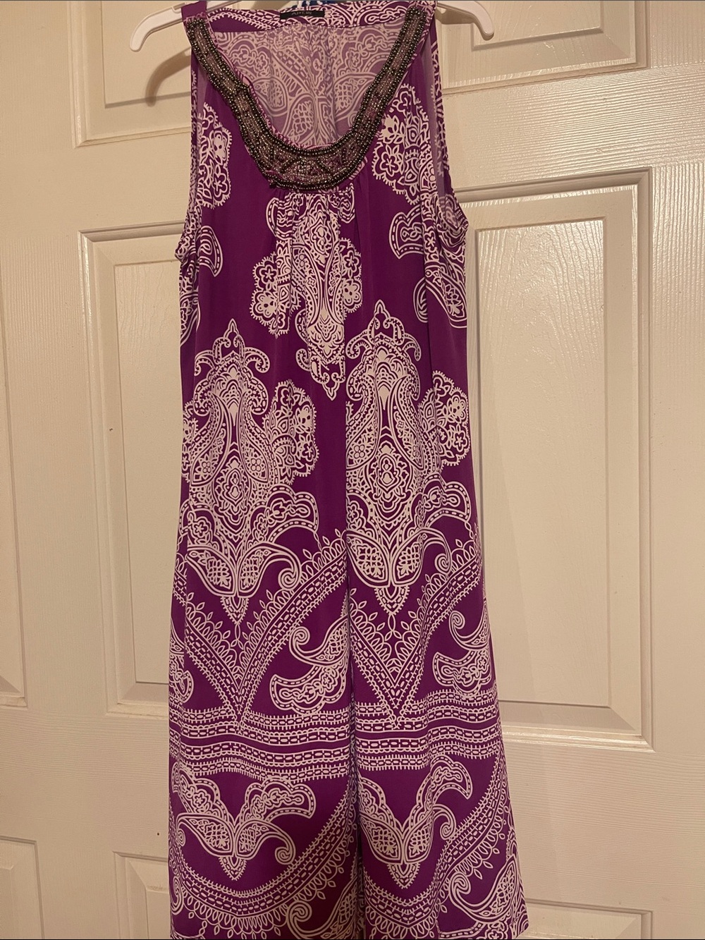 Sleeveless Purple Paisley Jumpsuit with Beaded Neckline